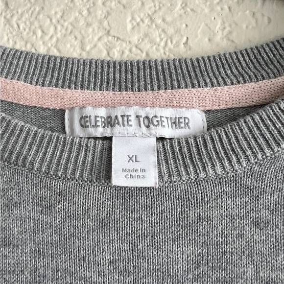 Celebrate Together Love Sweater XL Gray Long Sleeve Embroidered Pink Script - Picture 4 of 7